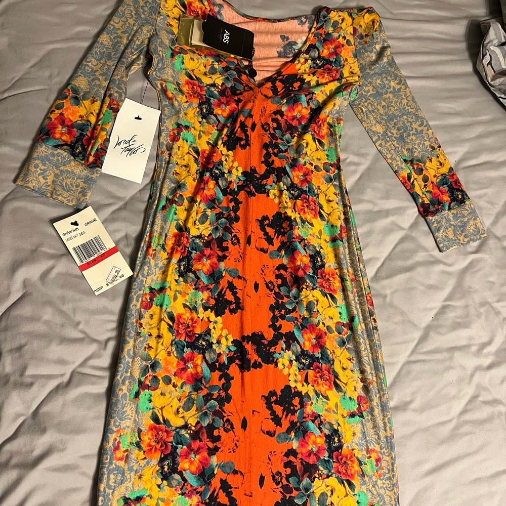 ABS Allen Schwartz Orange Floral Long Sleeve stretchy Dress - Picture 4 of 8